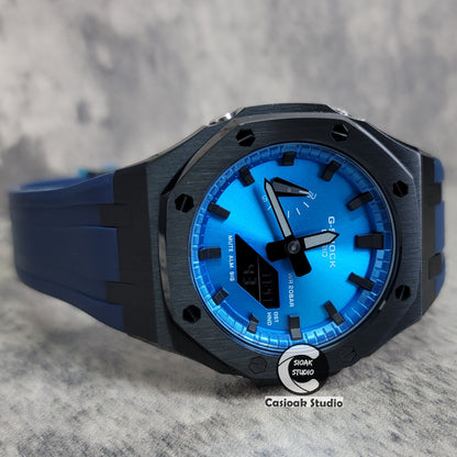 Casioak Mod Watch Black Case Blue Rubber Strap Blue Black Time Mark Blue Dial 44mm - Casioak Studio