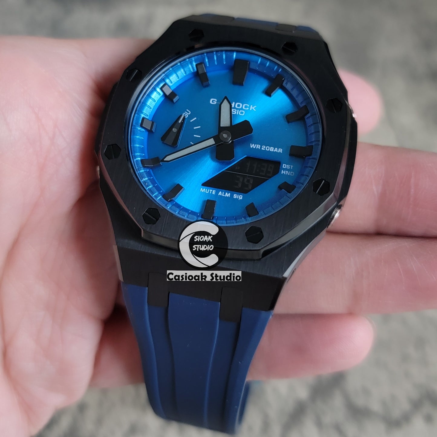 Casioak Mod Watch Black Case Blue Rubber Strap Blue Black Time Mark Blue Dial 44mm - Casioak Studio