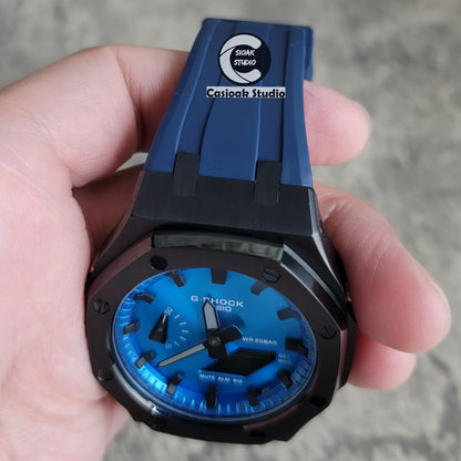 Casioak Mod Watch Black Case Blue Rubber Strap Blue Black Time Mark Blue Dial 44mm - Casioak Studio