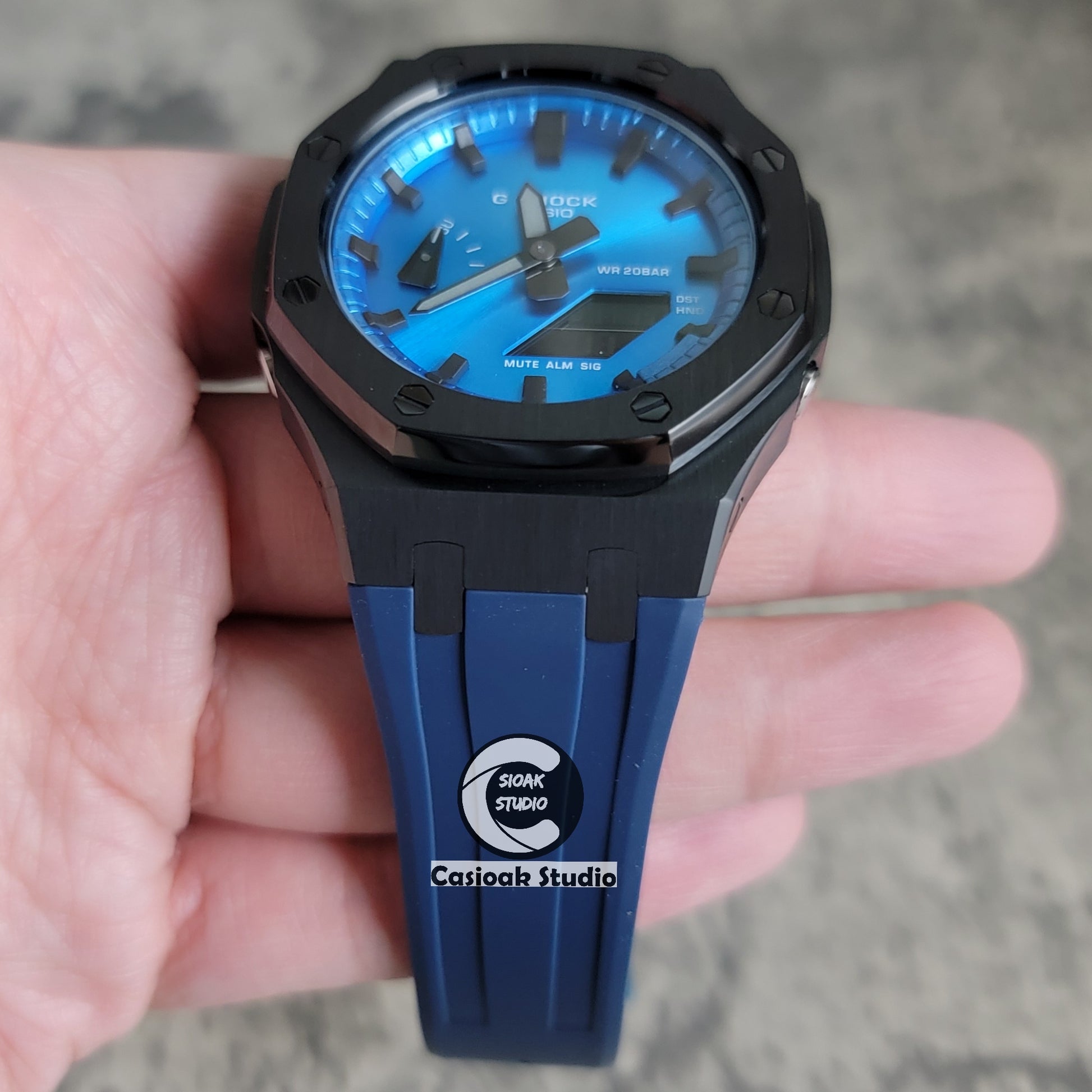 Casioak Mod Watch Black Case Blue Rubber Strap Blue Black Time Mark Blue Dial 44mm - Casioak Studio