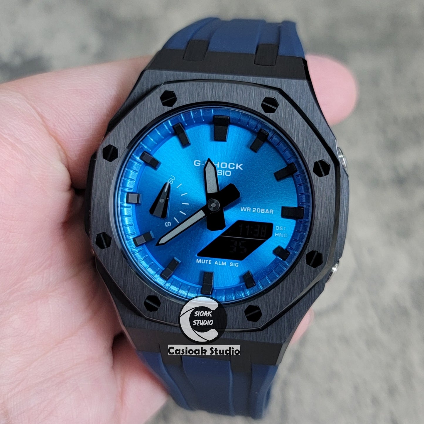 Casioak Mod Watch Black Case Blue Rubber Strap Blue Black Time Mark Blue Dial 44mm - Casioak Studio