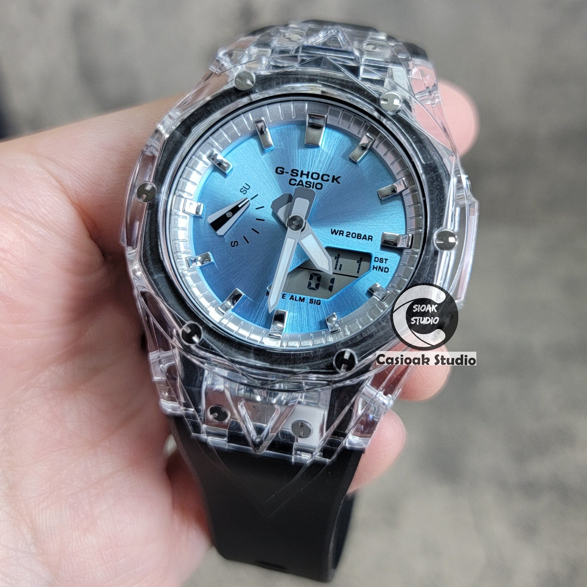 Casioak Mod Watch Transparent Case Black Strap Silverw Time Mark Blue Dial 44mm - Casioak Studio