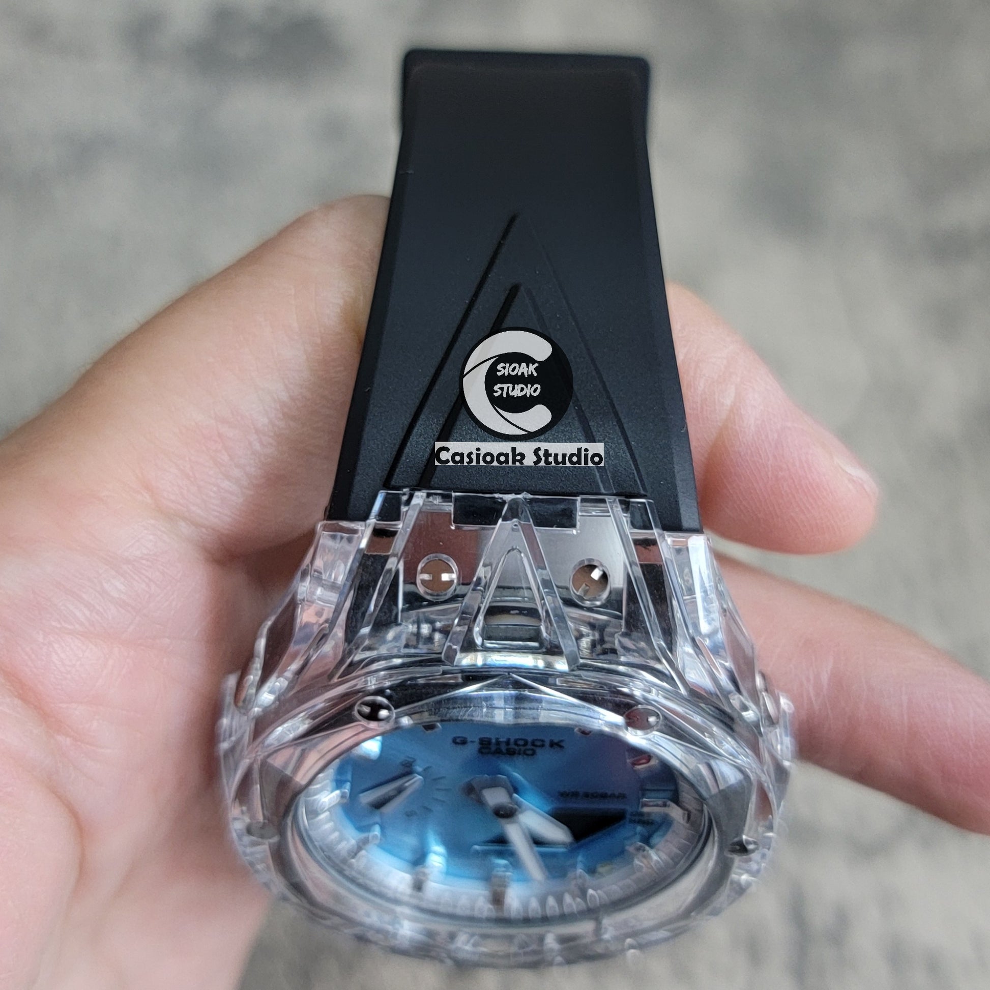 Casioak Mod Watch Transparent Case Black Strap Silverw Time Mark Blue Dial 44mm - Casioak Studio