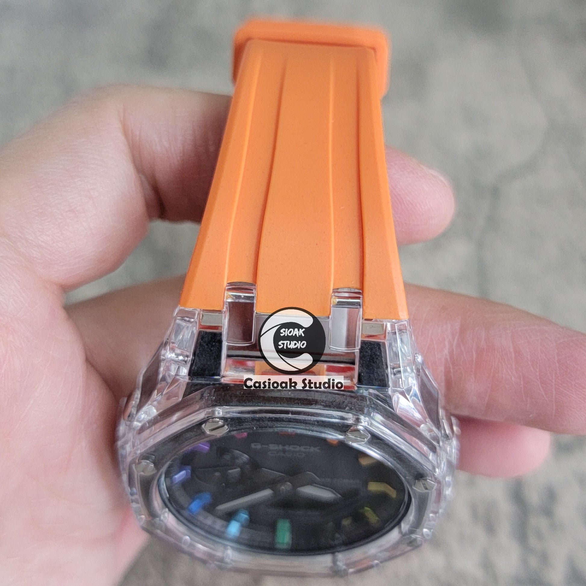 Casioak Mod Watch Transparent Case Orange Strap Black Rainbow Time Mark Black Dial 44mm - Casioak Studio