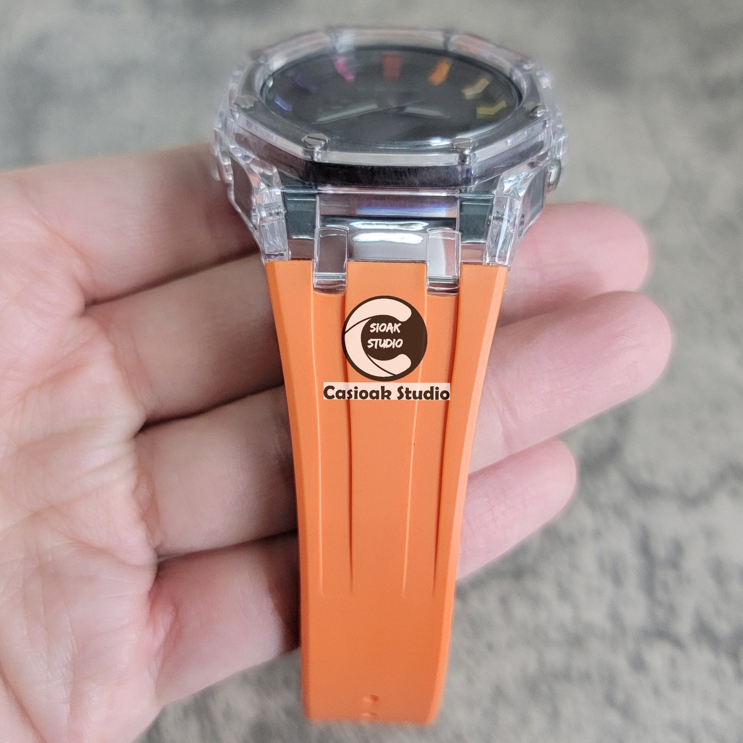 Casioak Mod Watch Transparent Case Orange Strap Black Rainbow Time Mark Black Dial 44mm - Casioak Studio