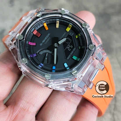 Casioak Mod Watch Transparent Case Orange Strap Black Rainbow Time Mark Black Dial 44mm - Casioak Studio