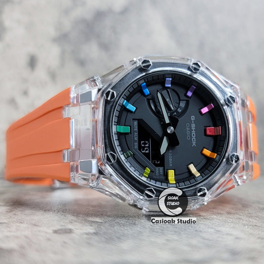 Casioak Mod Watch Transparent Case Orange Strap Black Rainbow Time Mark Black Dial 44mm - Casioak Studio