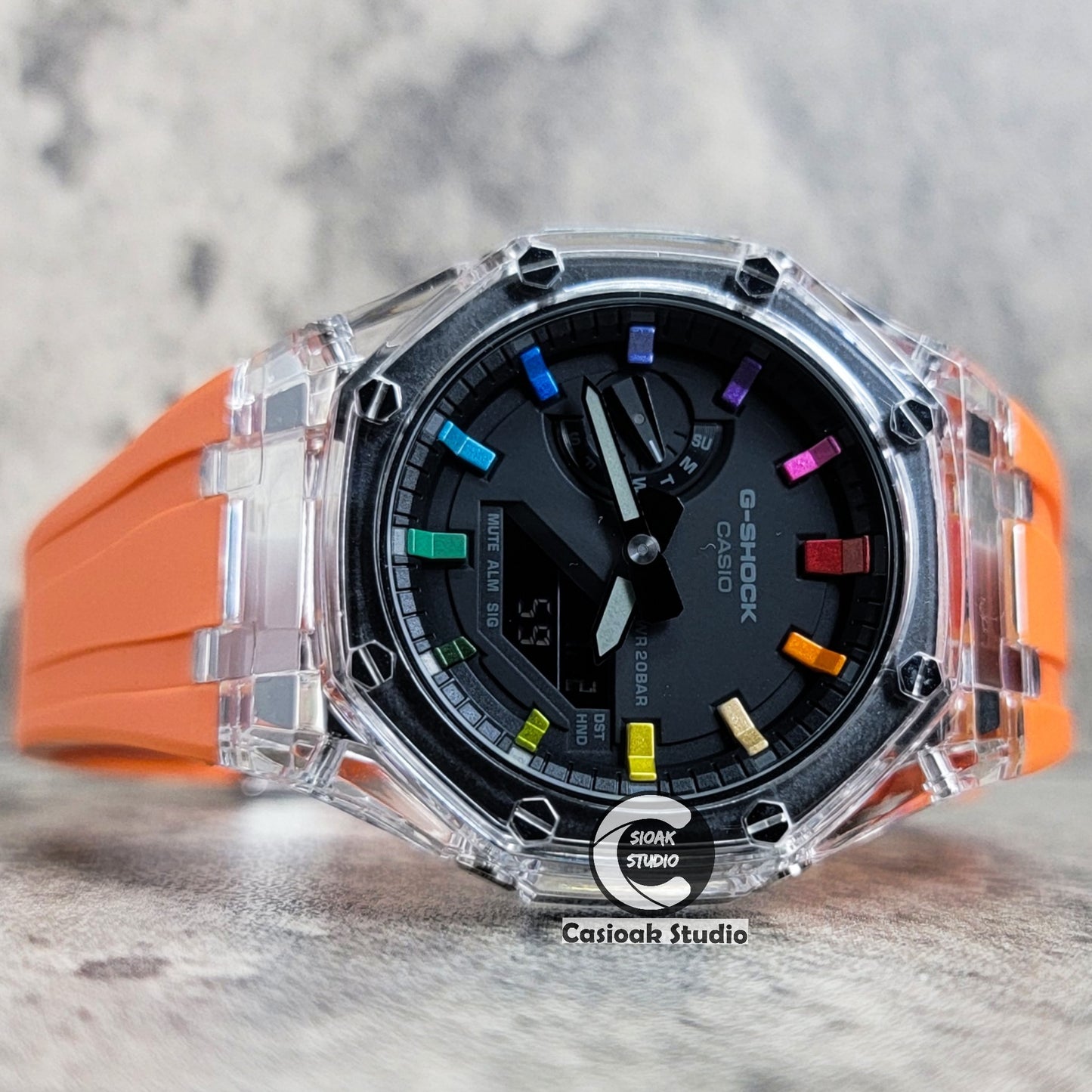 Casioak Mod Watch Transparent Case Orange Strap Black Rainbow Time Mark Black Dial 44mm - Casioak Studio