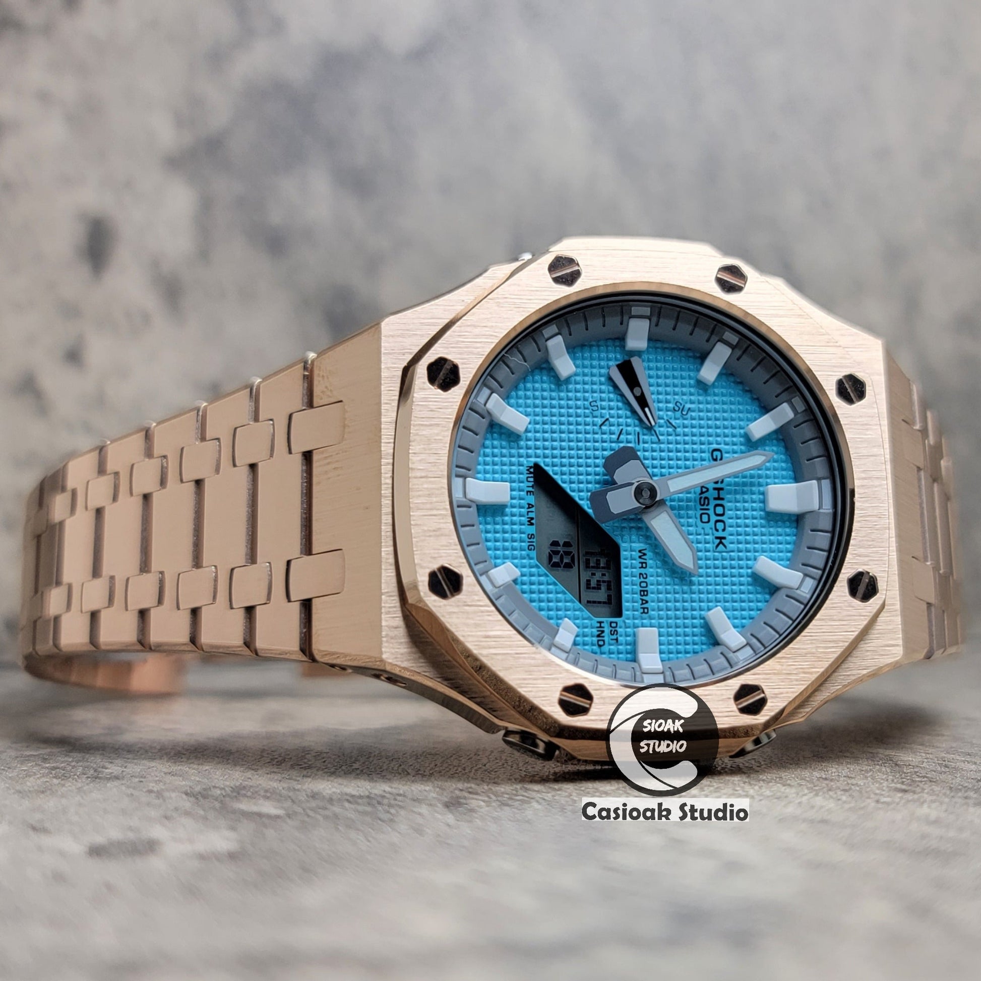 Casioak Mod Watch Rose Gold Case Metal Strap Light Gray White Time Mark Tiffany Blue Dial 44mm - Casioak Studio