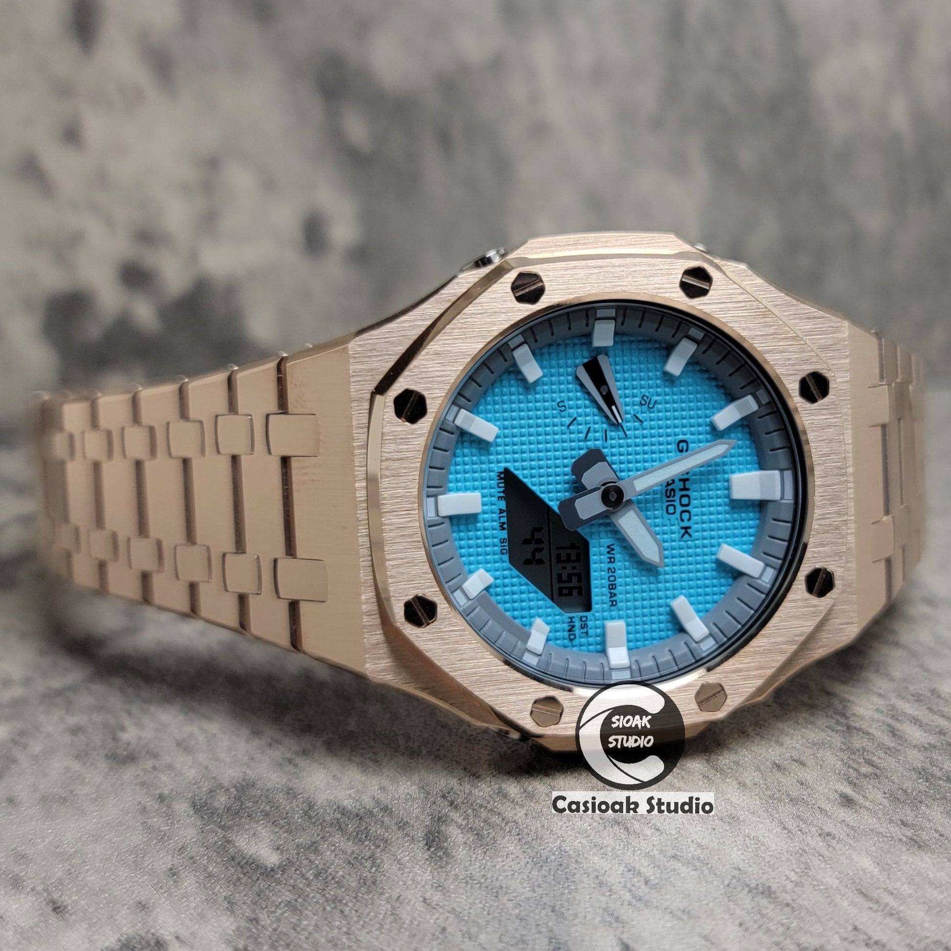 Casioak Mod Watch Rose Gold Case Metal Strap Light Gray White Time Mark Tiffany Blue Dial 44mm - Casioak Studio