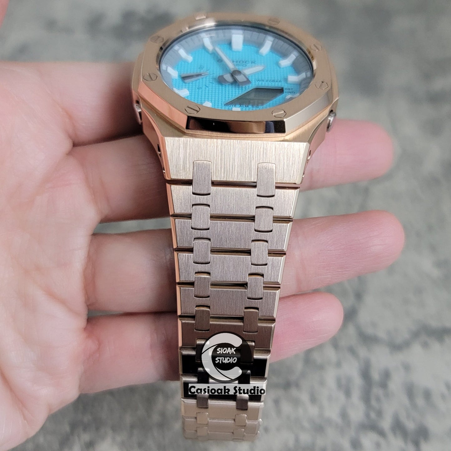 Casioak Mod Watch Rose Gold Case Metal Strap Light Gray White Time Mark Tiffany Blue Dial 44mm - Casioak Studio