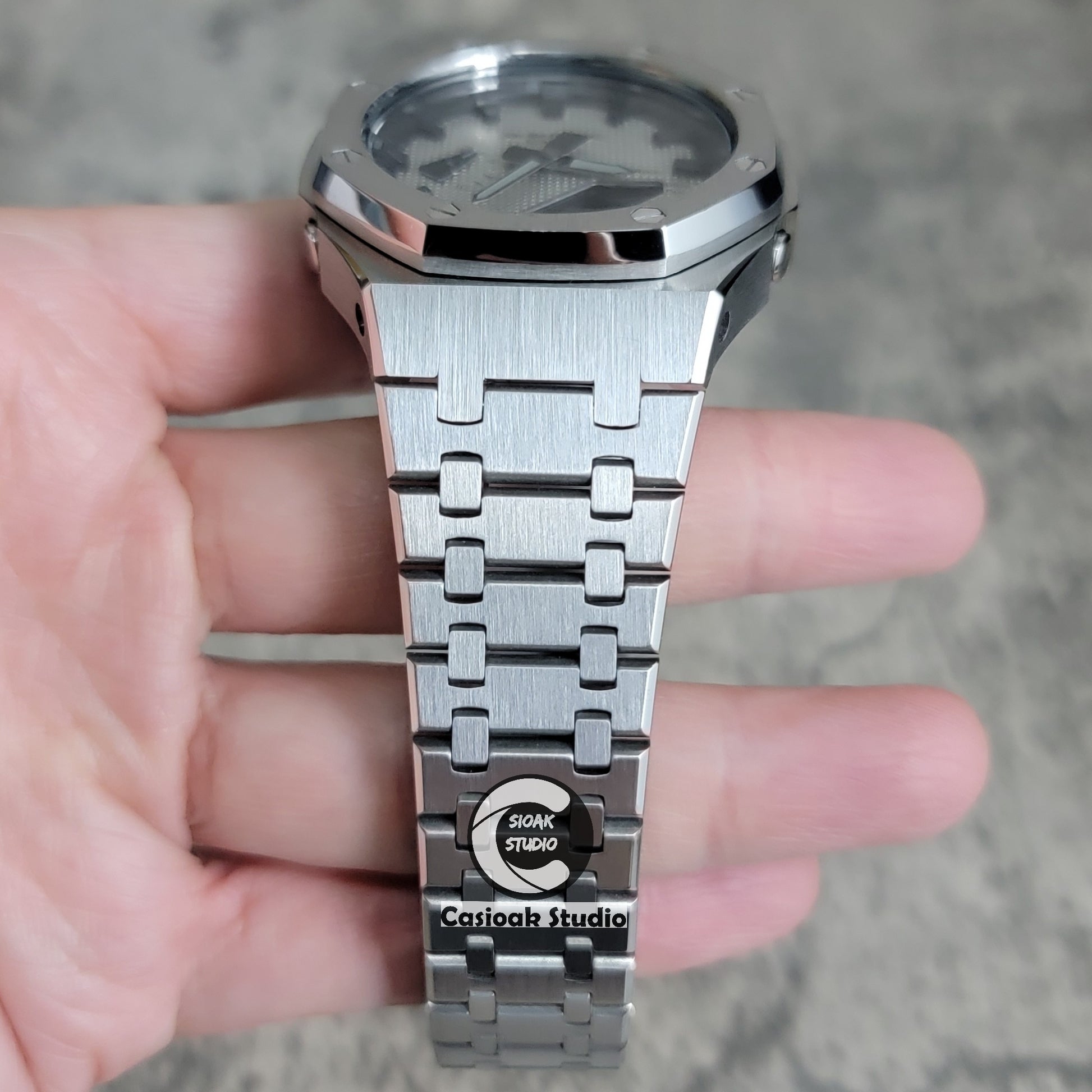 Casioak Mod Watch Silver Case Metal Strap Black Time Mark Gray Blue Dial 44mm - Casioak Studio