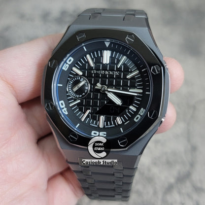 Casioak Mod Watch New Polished Gray Case Metal Strap Silver Time Mark Black Dial 44mm Sapphire Glass - Casioak Studio