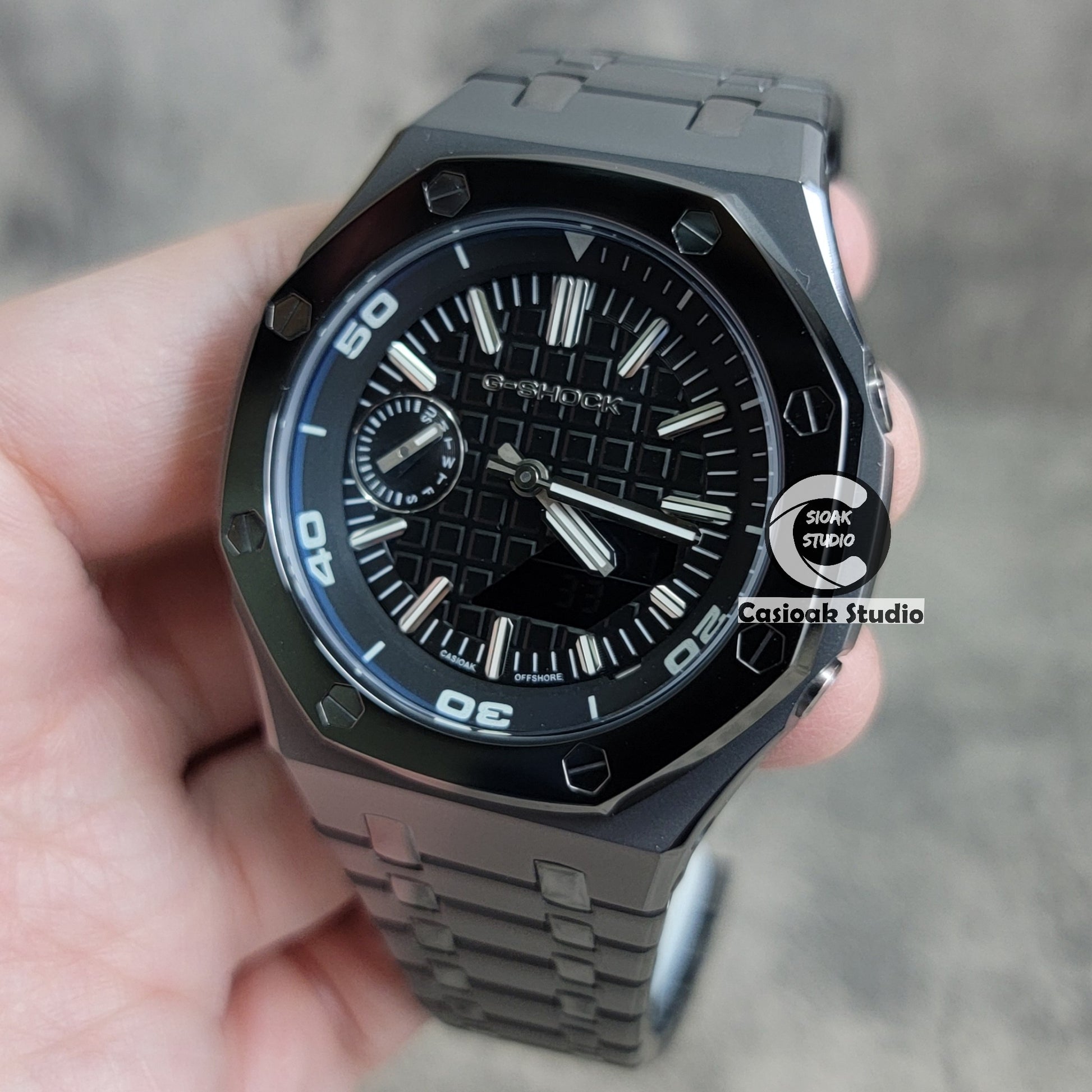 Casioak Mod Watch New Polished Gray Case Metal Strap Silver Time Mark Black Dial 44mm Sapphire Glass - Casioak Studio
