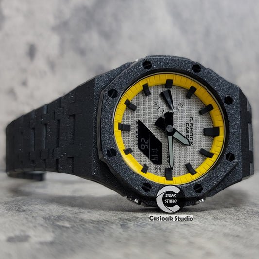 Casioak Mod Watch Frosted Black Case Metal Strap Yellow Black Time Mark Gray Dial 44mm