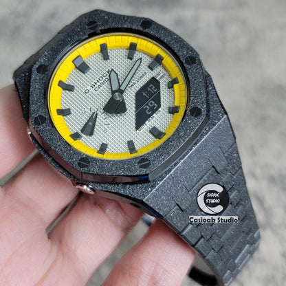 Casioak Mod Watch Frosted Black Case Metal Strap Yellow Black Time Mark Gray Dial 44mm - Casioak Studio