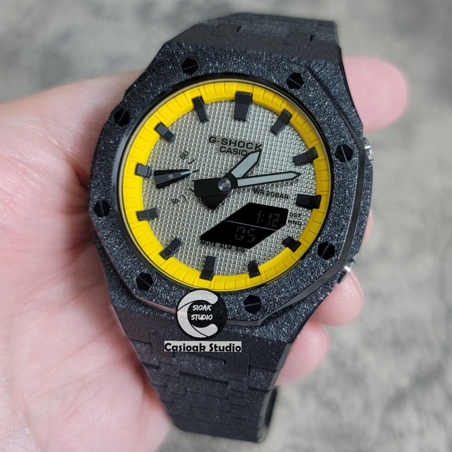 Casioak Mod Watch Frosted Black Case Metal Strap Yellow Black Time Mark Gray Dial 44mm - Casioak Studio