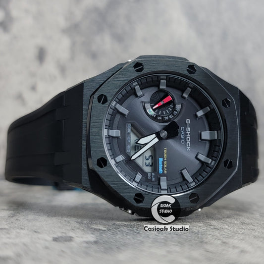Casioak Mod Watch Solar Bluetooth Black Case Black Rubber Strap Black Time Mark Black Dial 44mm