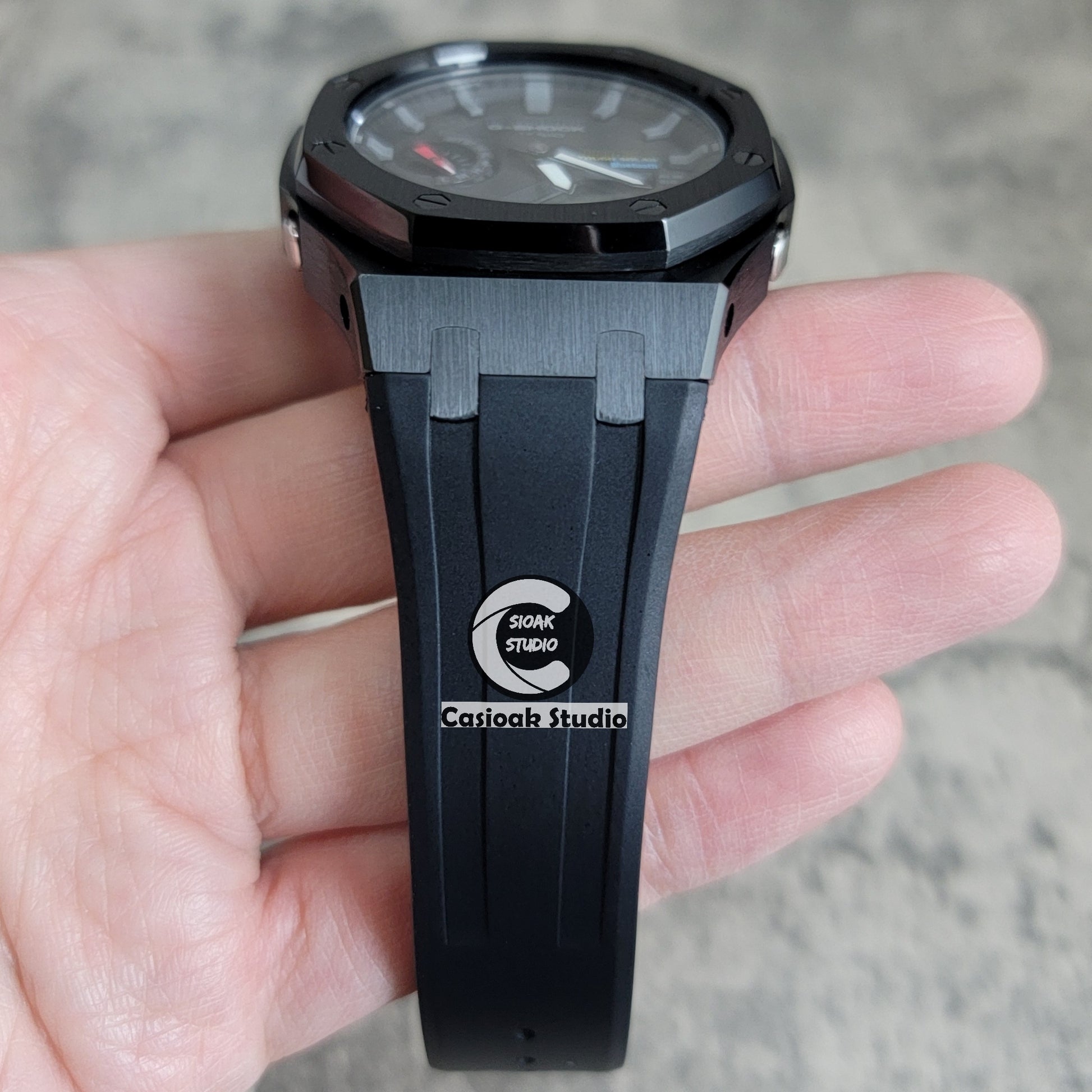 Casioak Mod Watch Solar Bluetooth Black Case Black Rubber Strap Black Time Mark Black Dial 44mm - Casioak Studio