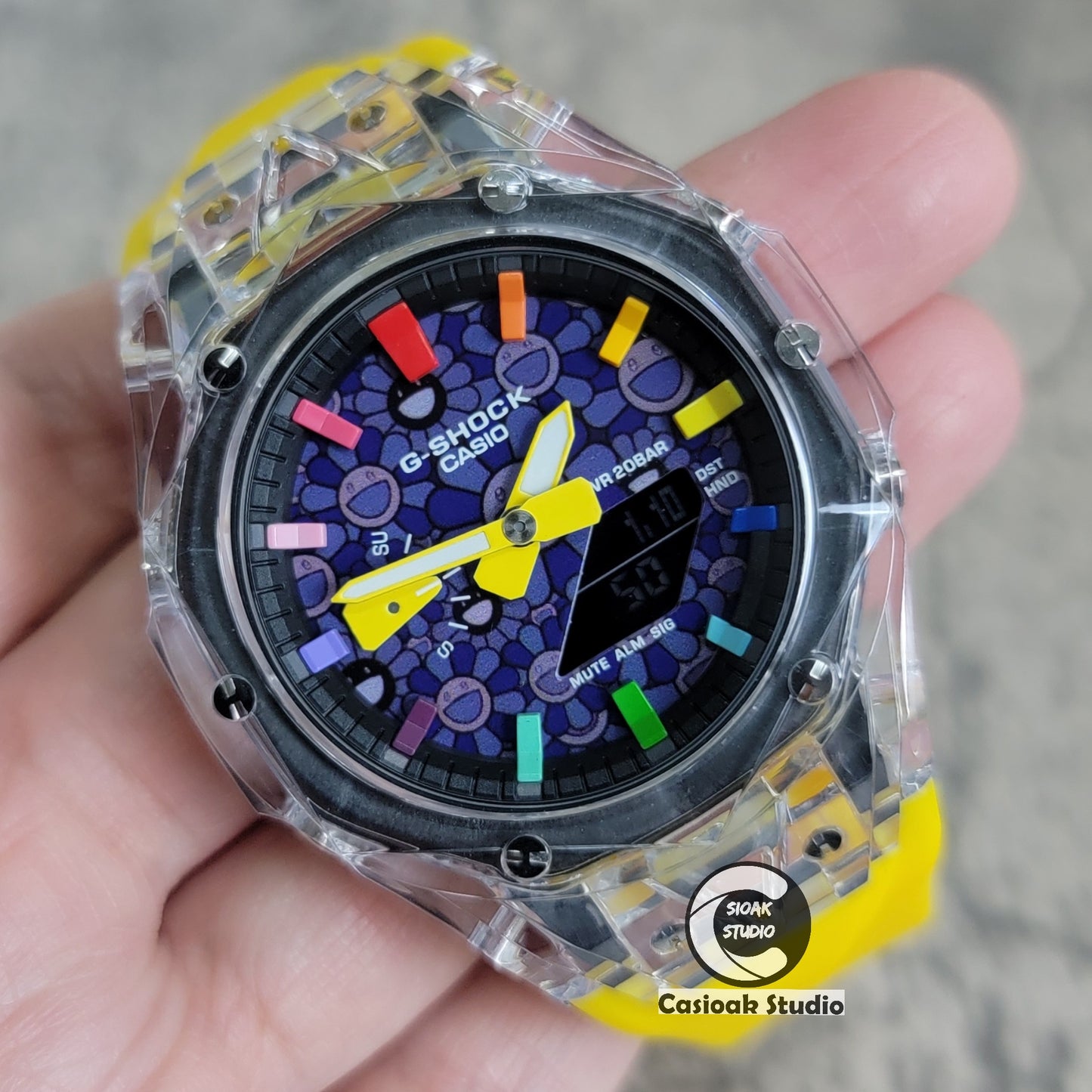 Casioak Mod Watch Transparent Case Yellow Strap Black Rainbow Time Mark Purple Takashi Murakami Dial 44mm - Casioak Studio