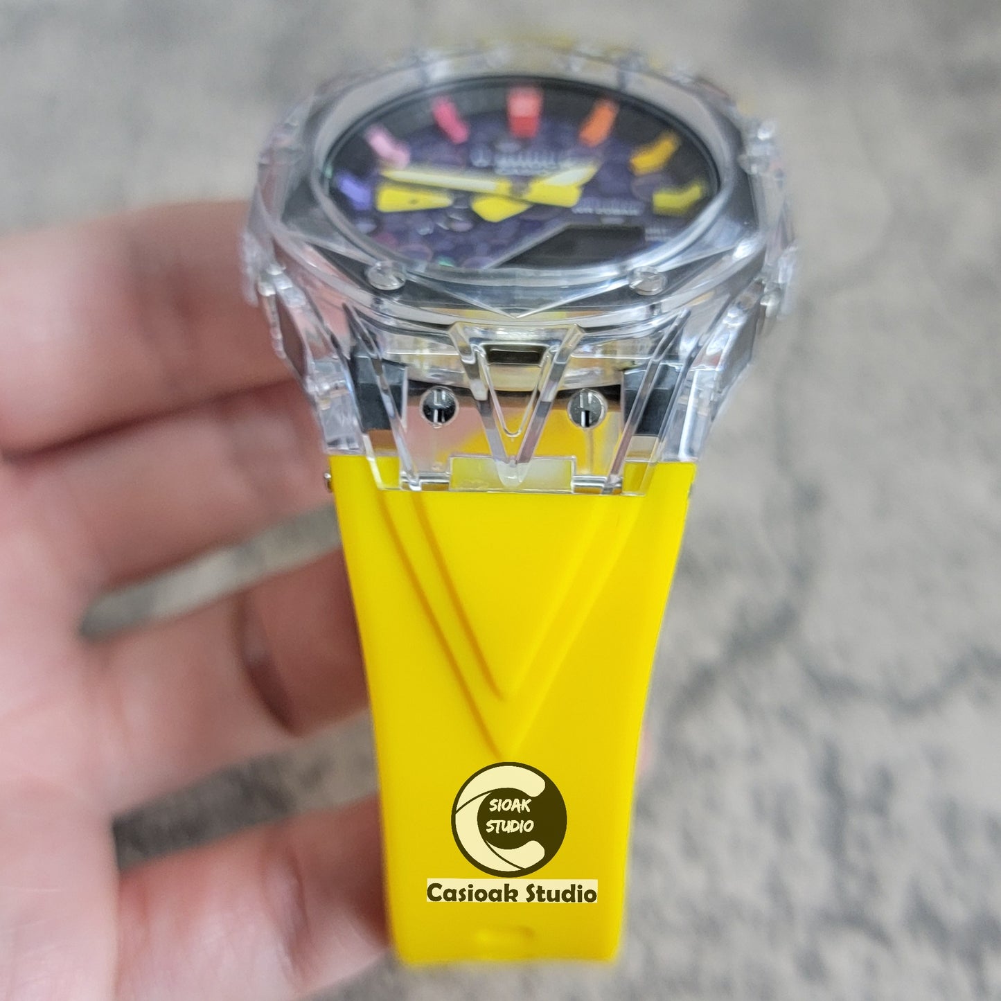 Casioak Mod Watch Transparent Case Yellow Strap Black Rainbow Time Mark Purple Takashi Murakami Dial 44mm - Casioak Studio