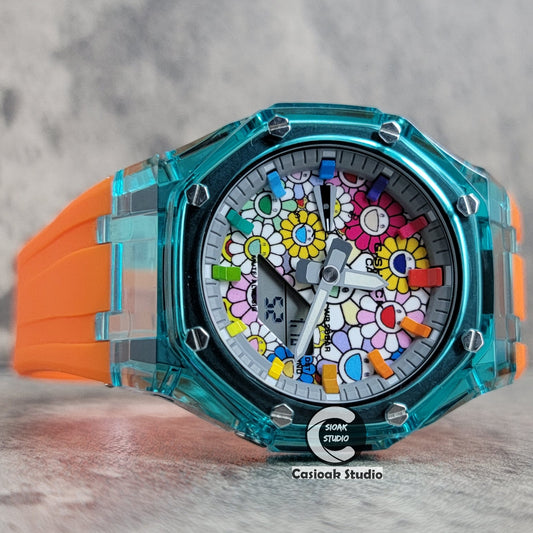 Casioak Mod Watch Blue Transparent Case Orange Strap Gray Rainbow Time Mark Takashi Murakami Dial 44mm