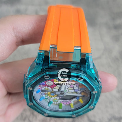 Casioak Mod Watch Blue Transparent Case Orange Strap Gray Rainbow Time Mark Takashi Murakami Dial 44mm - Casioak Studio
