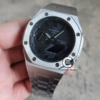 Casioak Mod Watch Solar Bluetooth Silver Case Metal Strap Black Time Mark Black Dial 44mm - Casioak Studio