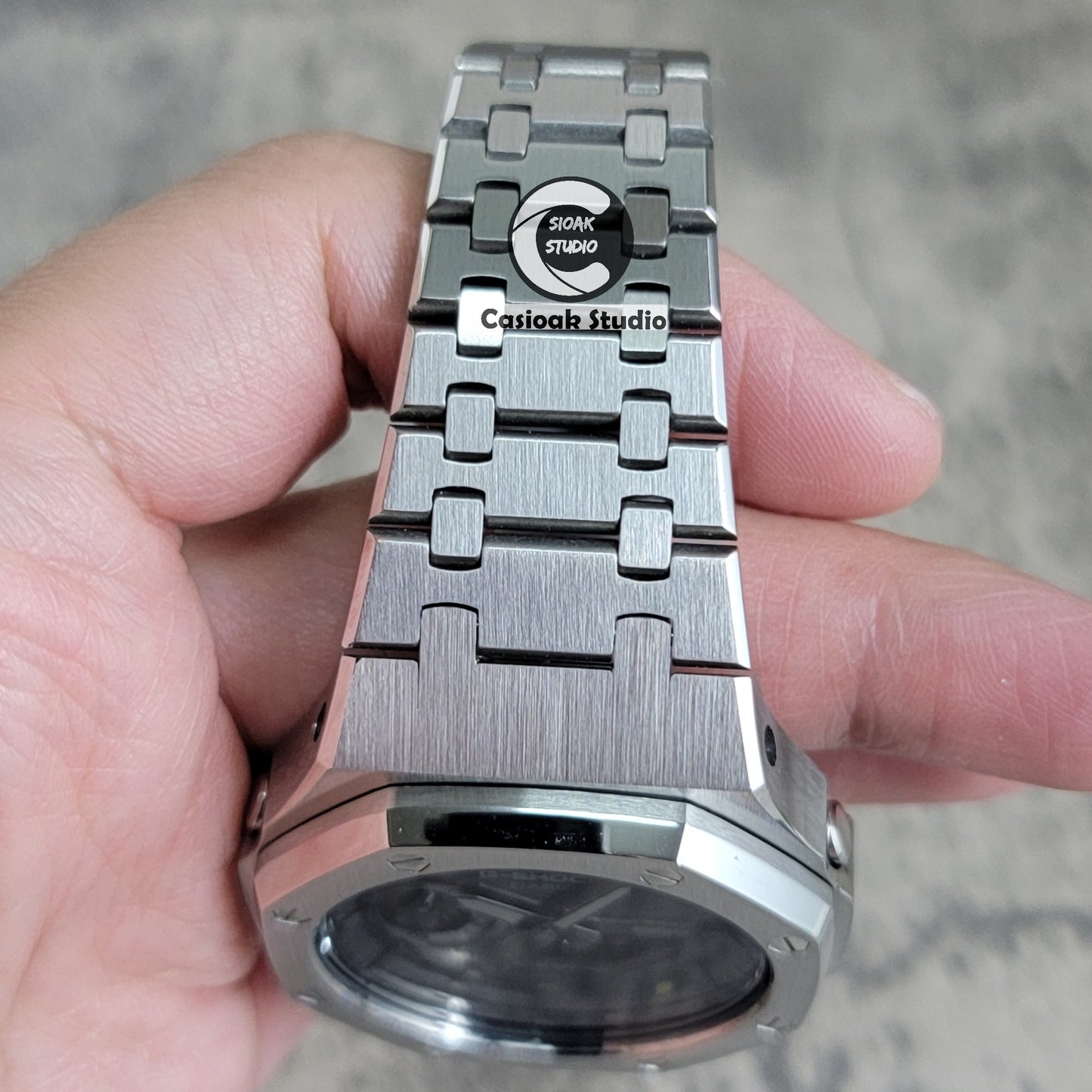 Casioak Mod Watch Solar Bluetooth Silver Case Metal Strap Black Time Mark Black Dial 44mm - Casioak Studio