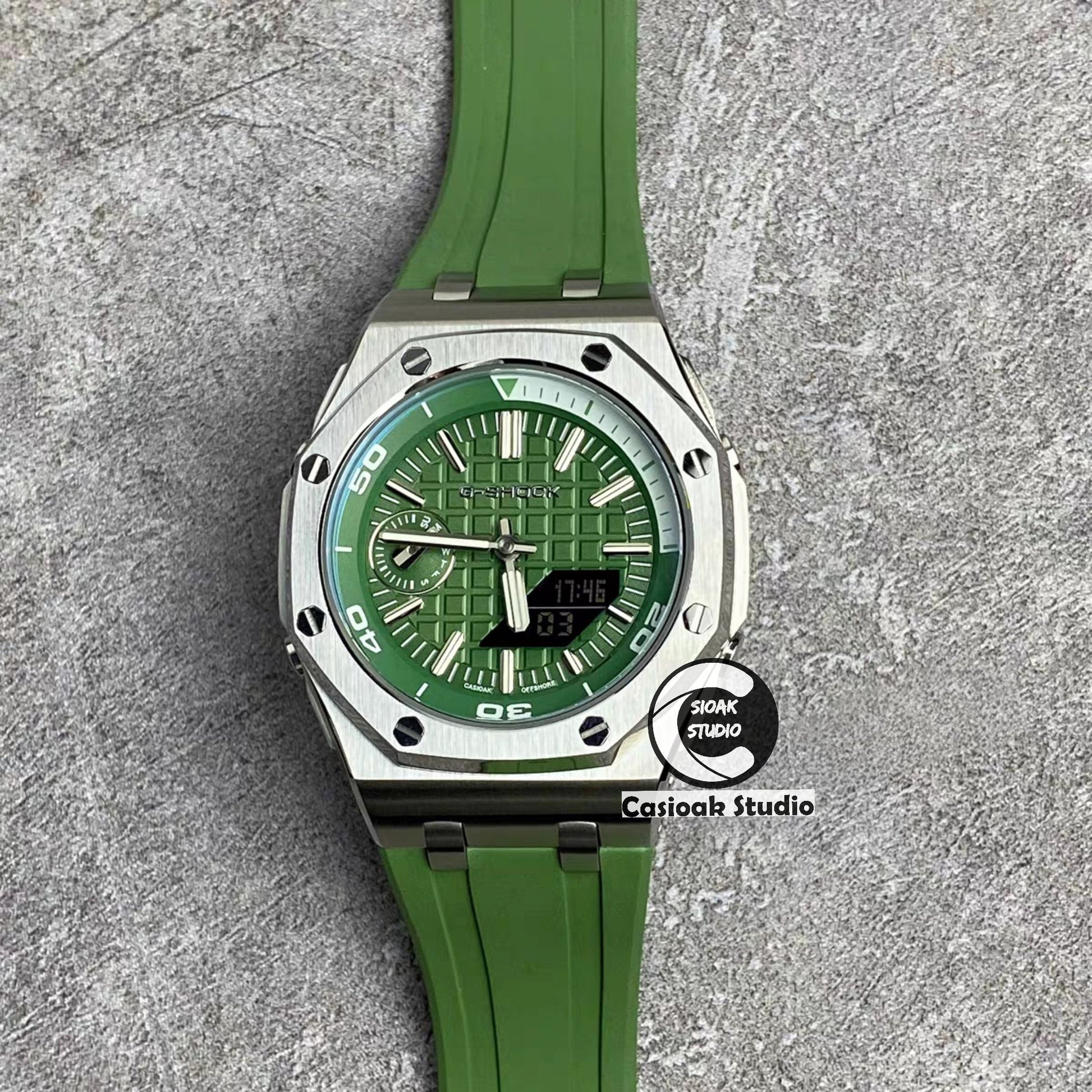 Casioak Mod Watch NEW Offshore Superior Silver Case Metal Strap Green Dial 44mm Sapphire Glass - Casioak Studio