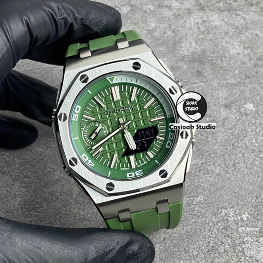 Casioak Mod Watch NEW Offshore Superior Silver Case Metal Strap Green Dial 44mm Sapphire Glass