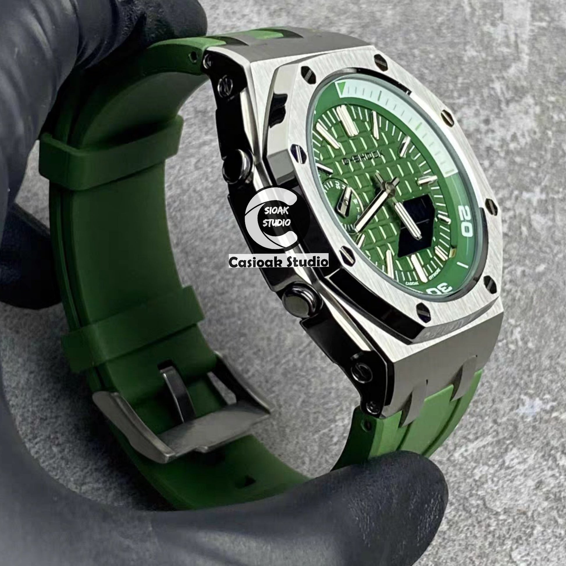 Casioak Mod Watch NEW Offshore Superior Silver Case Metal Strap Green Dial 44mm Sapphire Glass - Casioak Studio