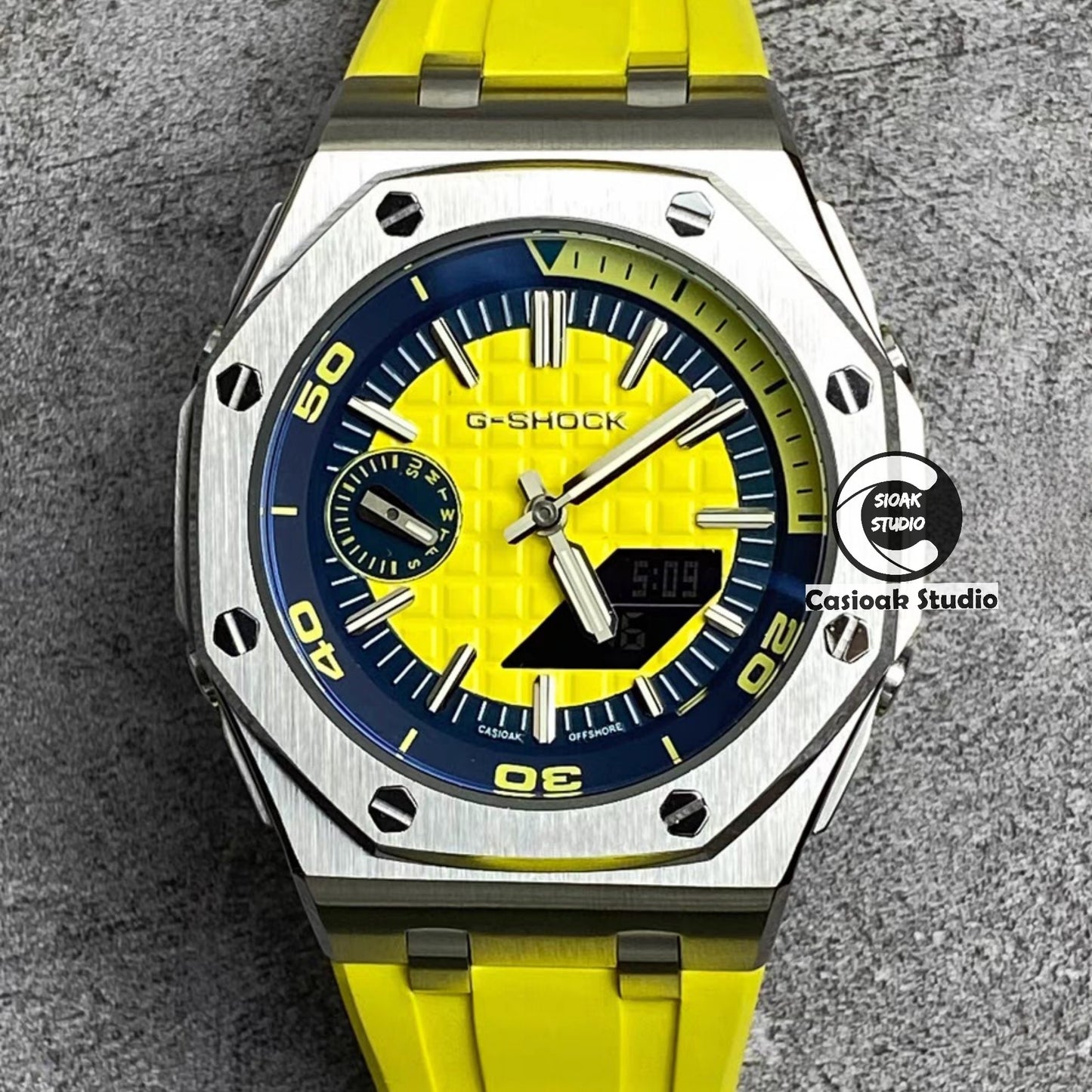 Casioak Mod Watch NEW Offshore Superior Silver Case Yellow Rubber Strap Blue Green Time Mark Yellow Dial 44mm Sapphire Glass - Casioak Studio