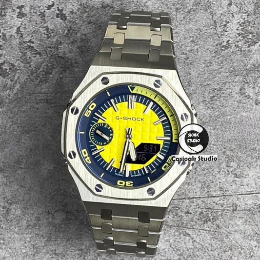 Casioak Mod Watch NEW Silver Case Metal Strap Silver Time Mark Yellow Dial 44mm Sapphire Glass
