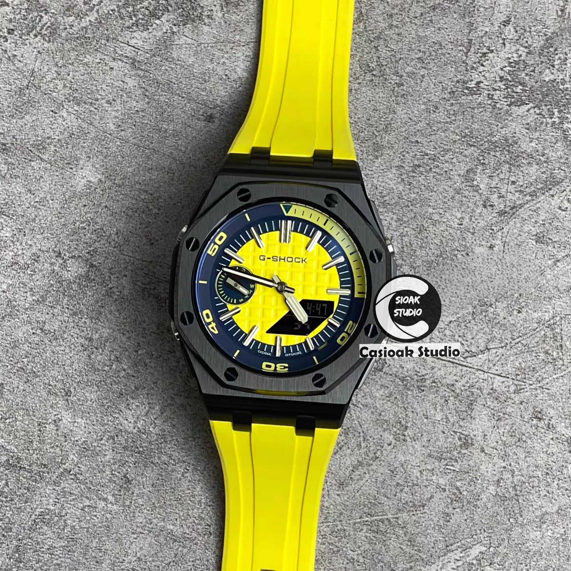 Casioak Mod Watch NEW Offshore Superior Black Case Yellow Rubber Strap Silver Time Mark Yellow Dial 44mm Sapphire Glass - Casioak Studio