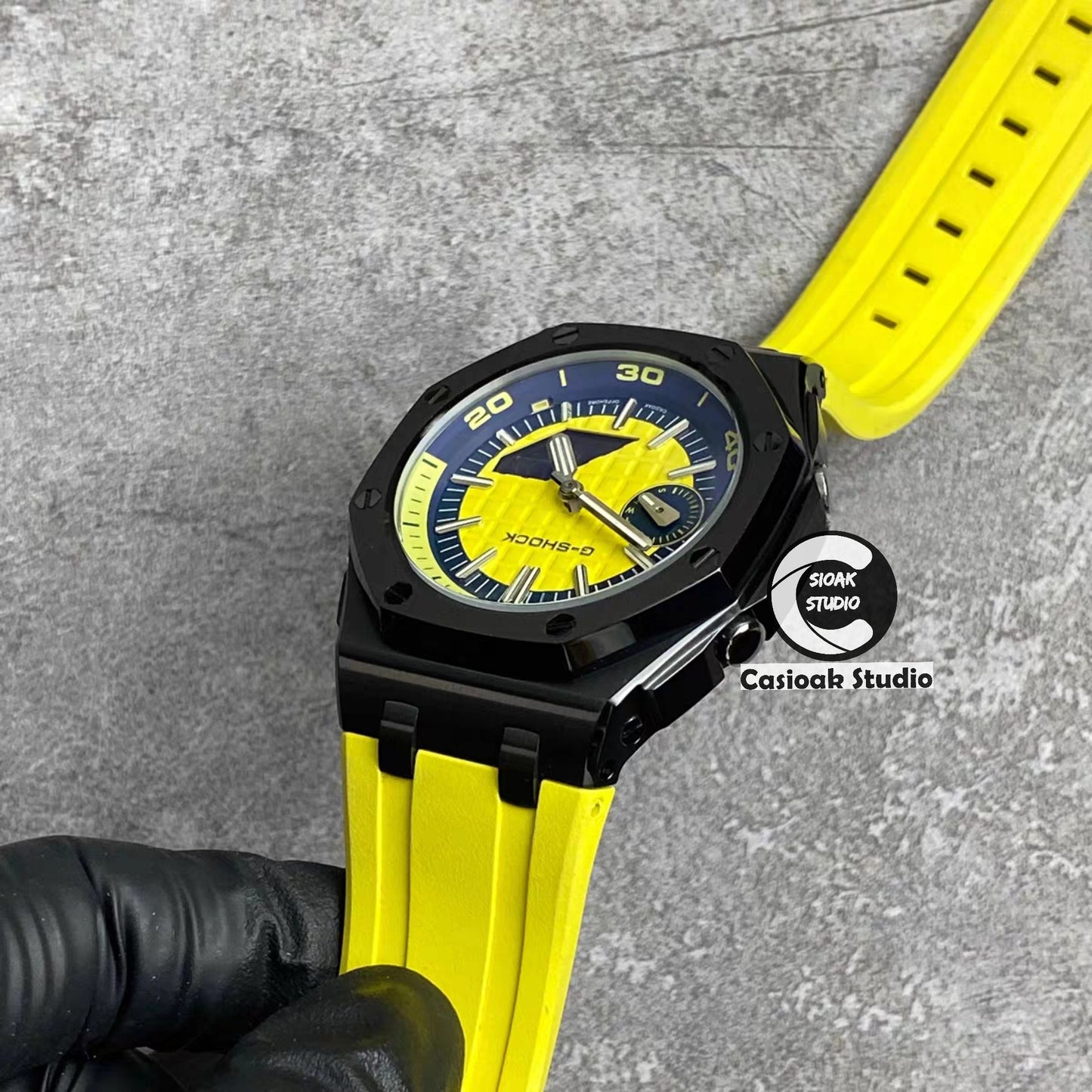 Casioak Mod Watch NEW Offshore Superior Black Case Yellow Rubber Strap Silver Time Mark Yellow Dial 44mm Sapphire Glass - Casioak Studio