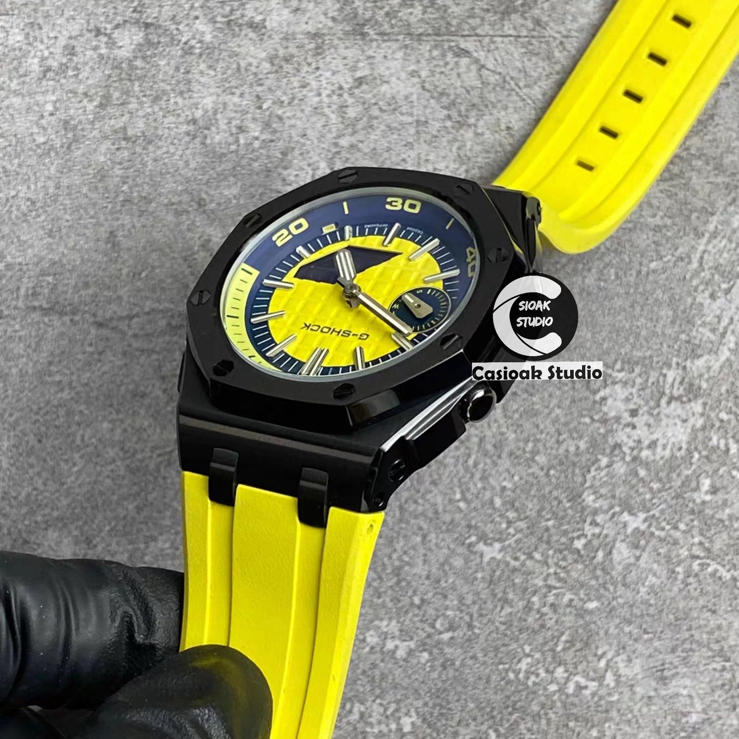 Casioak Mod Watch NEW Offshore Superior Black Case Yellow Rubber Strap Silver Time Mark Yellow Dial 44mm Sapphire Glass - Casioak Studio
