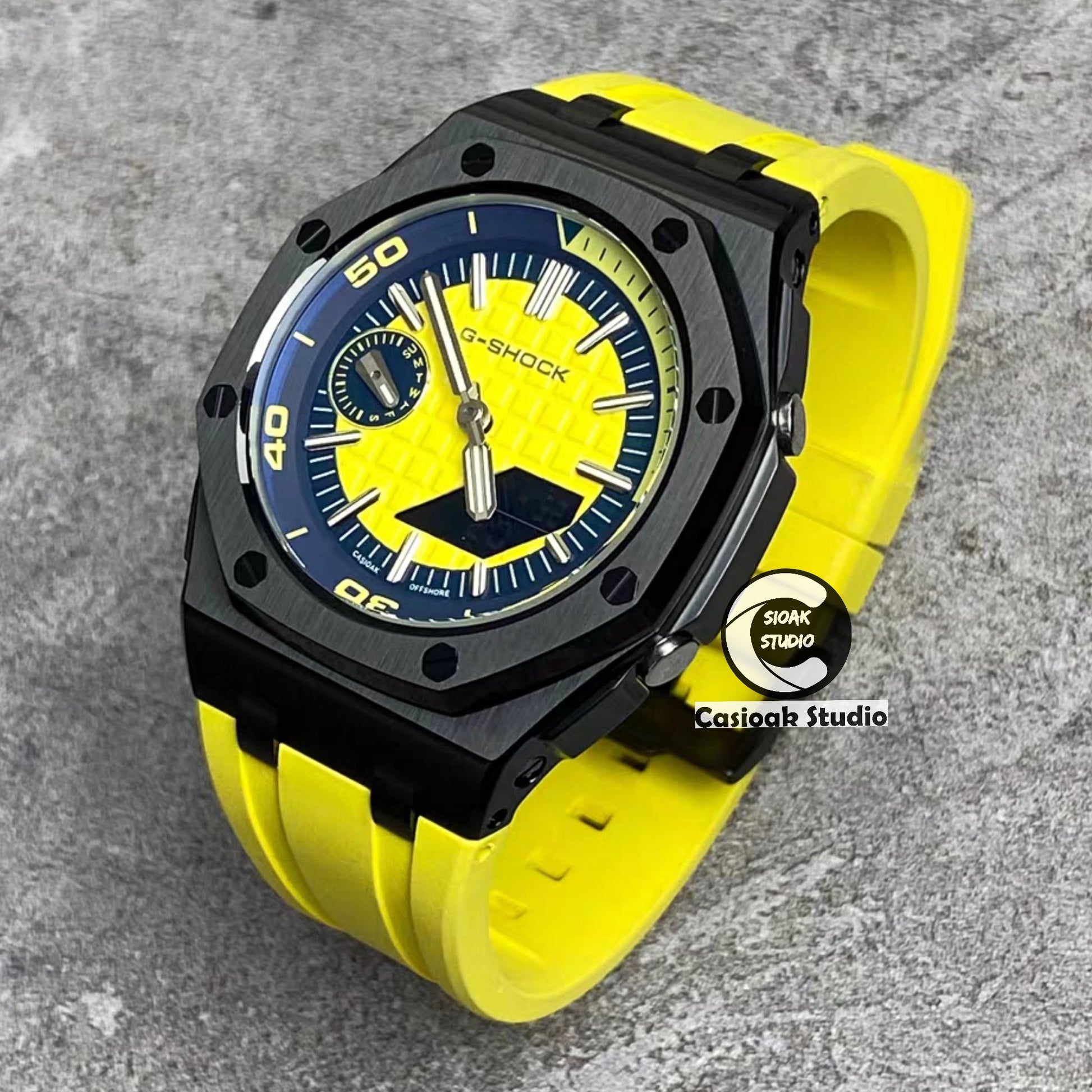 Casioak Mod Watch NEW Offshore Superior Black Case Yellow Rubber Strap Silver Time Mark Yellow Dial 44mm Sapphire Glass - Casioak Studio