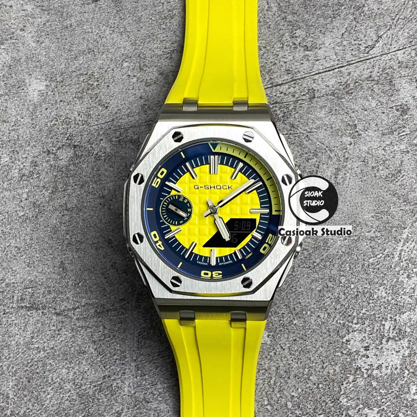 Casioak Mod Watch NEW Offshore Superior Silver Case Yellow Rubber Strap Blue Green Time Mark Yellow Dial 44mm Sapphire Glass - Casioak Studio