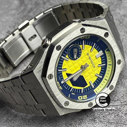 Casioak Mod Watch NEW Silver Case Metal Strap Silver Time Mark Yellow Dial 44mm Sapphire Glass - Casioak Studio