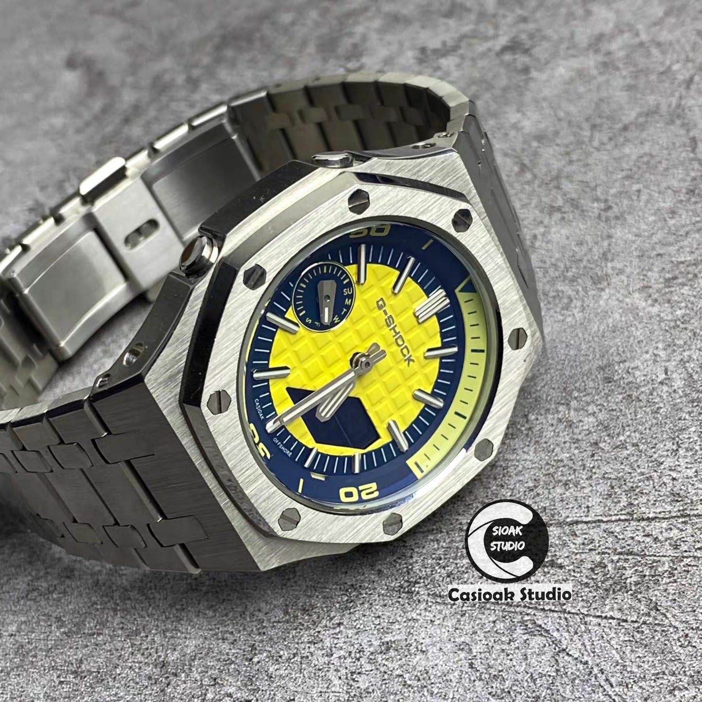 Casioak Mod Watch NEW Silver Case Metal Strap Silver Time Mark Yellow Dial 44mm Sapphire Glass - Casioak Studio