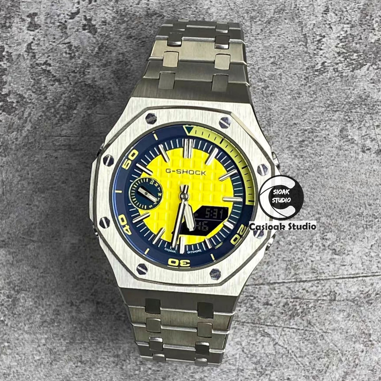 Casioak Mod Watch NEW Silver Case Metal Strap Silver Time Mark Yellow Dial 44mm Sapphire Glass - Casioak Studio
