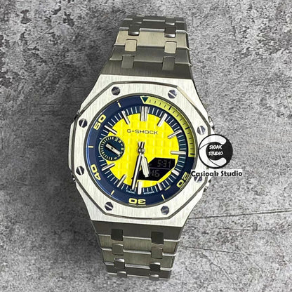 Casioak Mod Watch NEW Silver Case Metal Strap Silver Time Mark Yellow Dial 44mm Sapphire Glass - Casioak Studio