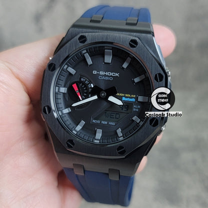 Casioak Mod Solar Bluetooth Offshore Superior Case Blue Rubber Strap Black Gray Time Mark Black Dial 44mm - Casioak Studio