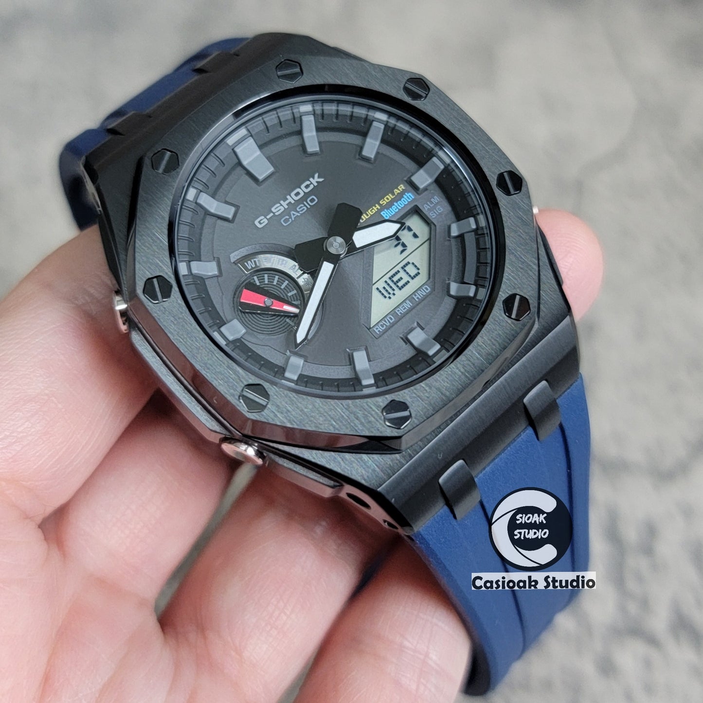 Casioak Mod Solar Bluetooth Offshore Superior Case Blue Rubber Strap Black Gray Time Mark Black Dial 44mm - Casioak Studio