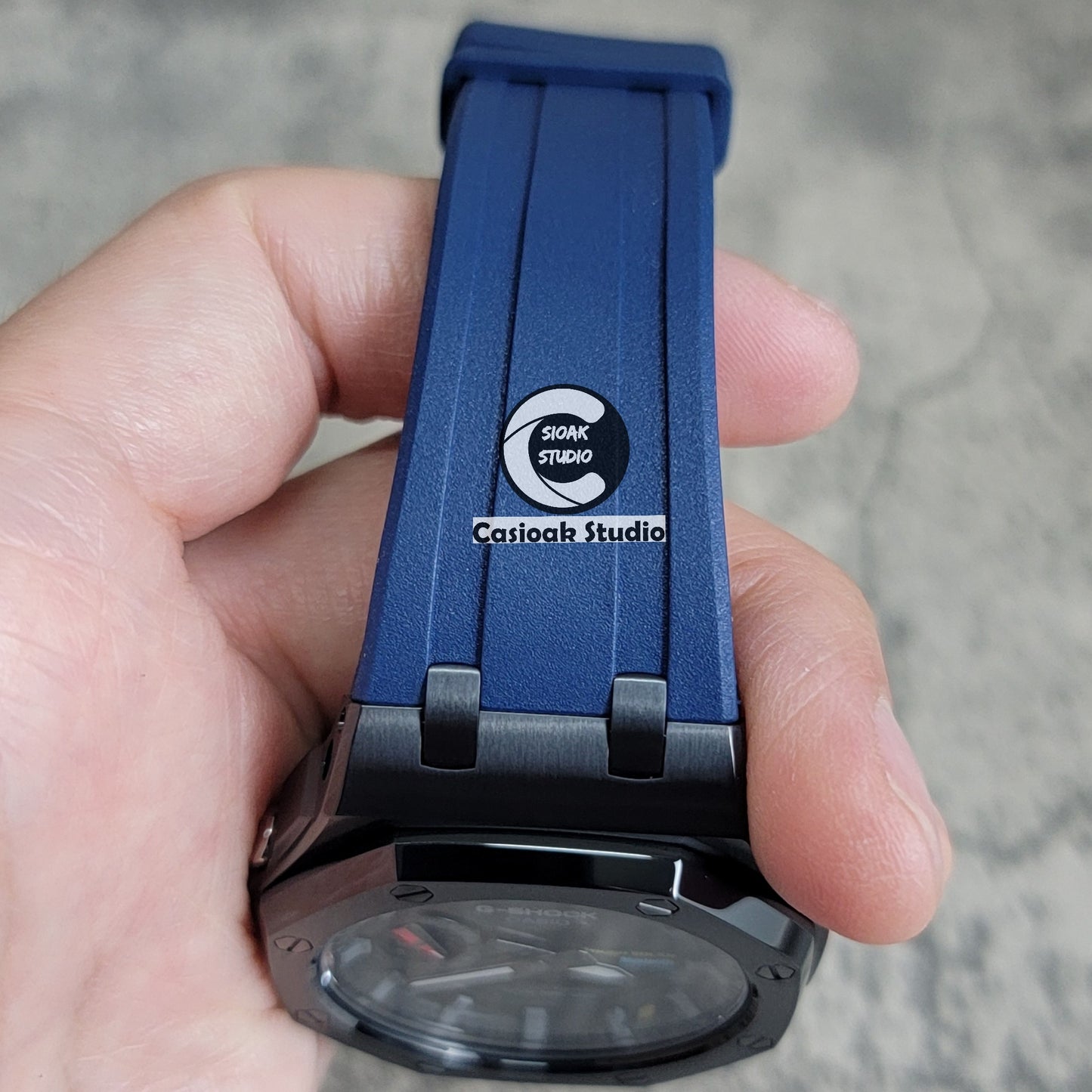 Casioak Mod Solar Bluetooth Offshore Superior Case Blue Rubber Strap Black Gray Time Mark Black Dial 44mm - Casioak Studio
