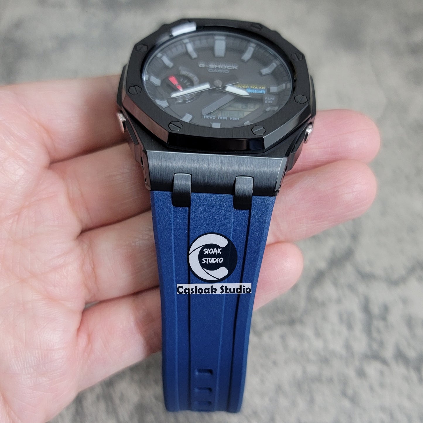 Casioak Mod Solar Bluetooth Offshore Superior Case Blue Rubber Strap Black Gray Time Mark Black Dial 44mm - Casioak Studio