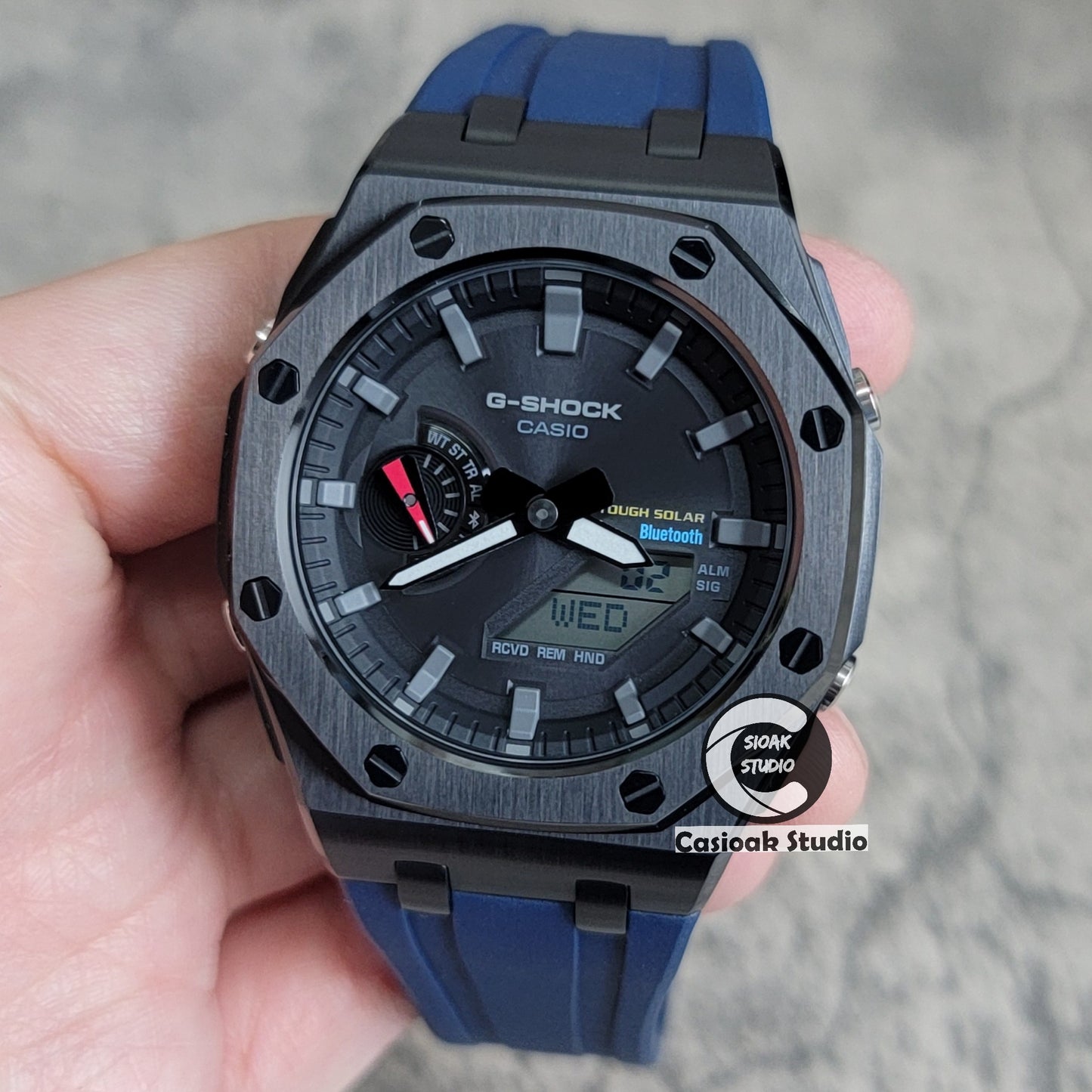 Casioak Mod Solar Bluetooth Offshore Superior Case Blue Rubber Strap Black Gray Time Mark Black Dial 44mm - Casioak Studio