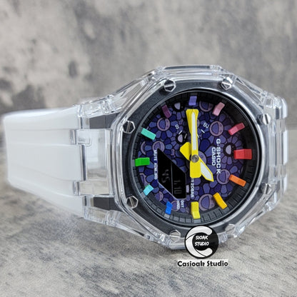 Casioak Mod Transparent Case White Strap Black Rainbow Time Mark Purple Takashi Murakami Dial 44mm - Casioak Studio