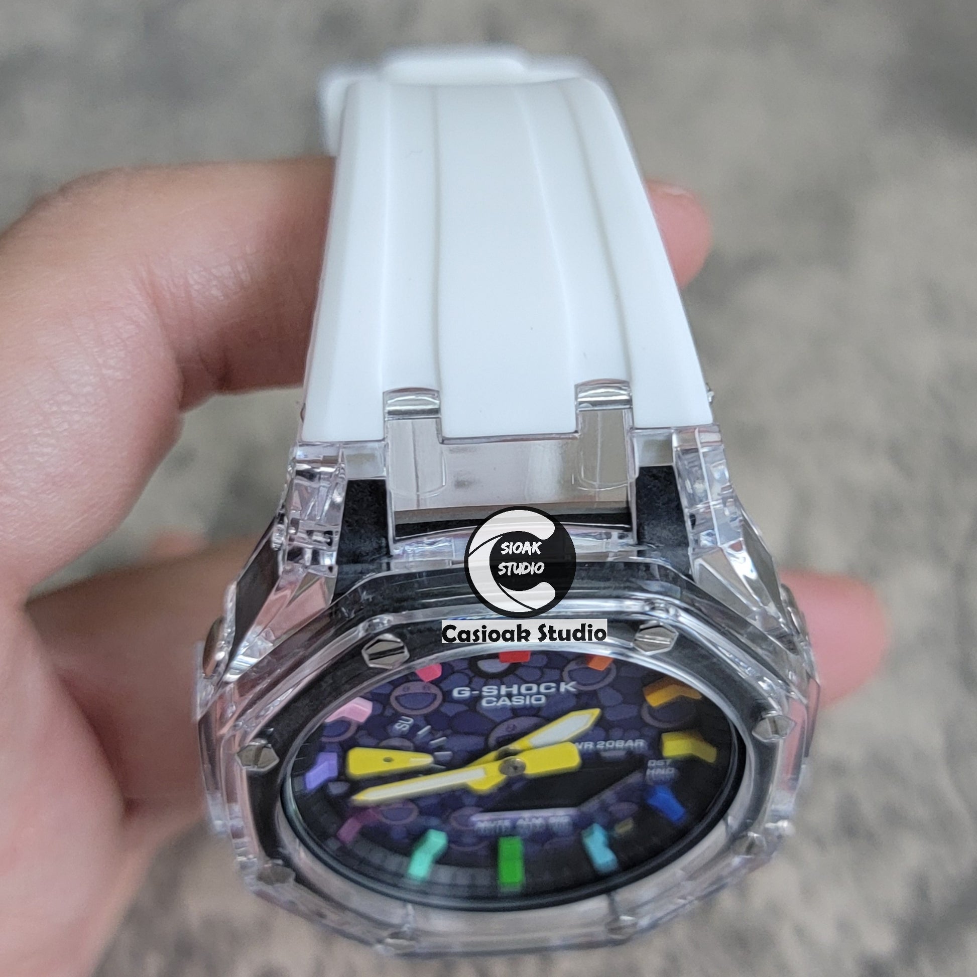 Casioak Mod Transparent Case White Strap Black Rainbow Time Mark Purple Takashi Murakami Dial 44mm - Casioak Studio